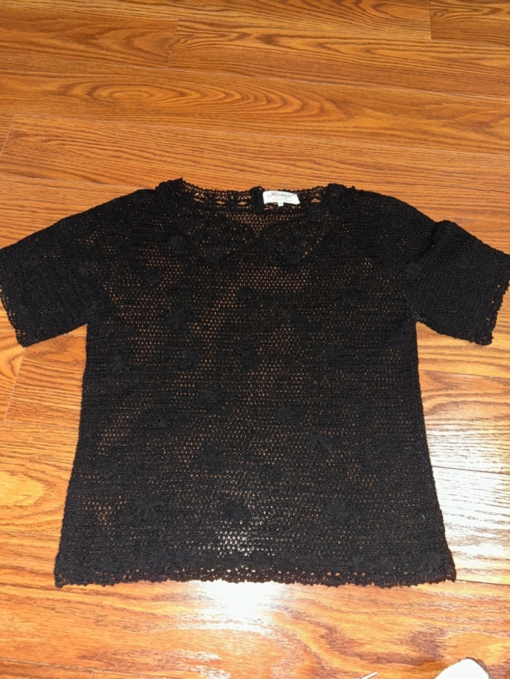 Vintage Miramar Black Sheer Crochet 100% Cotton USA Made  Short Sleeve Top L